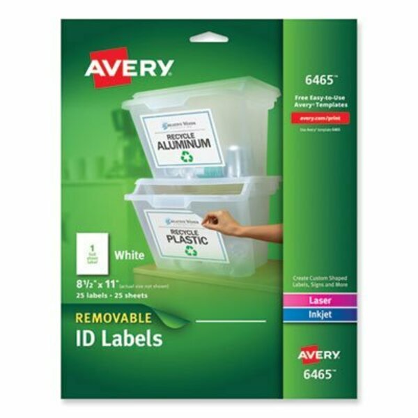 Avery Dennison Avery, REMOVABLE MULTI-USE LABELS, INKJET/LASER PRINTERS, 8.5 X 11, WHITE, 25PK 6465